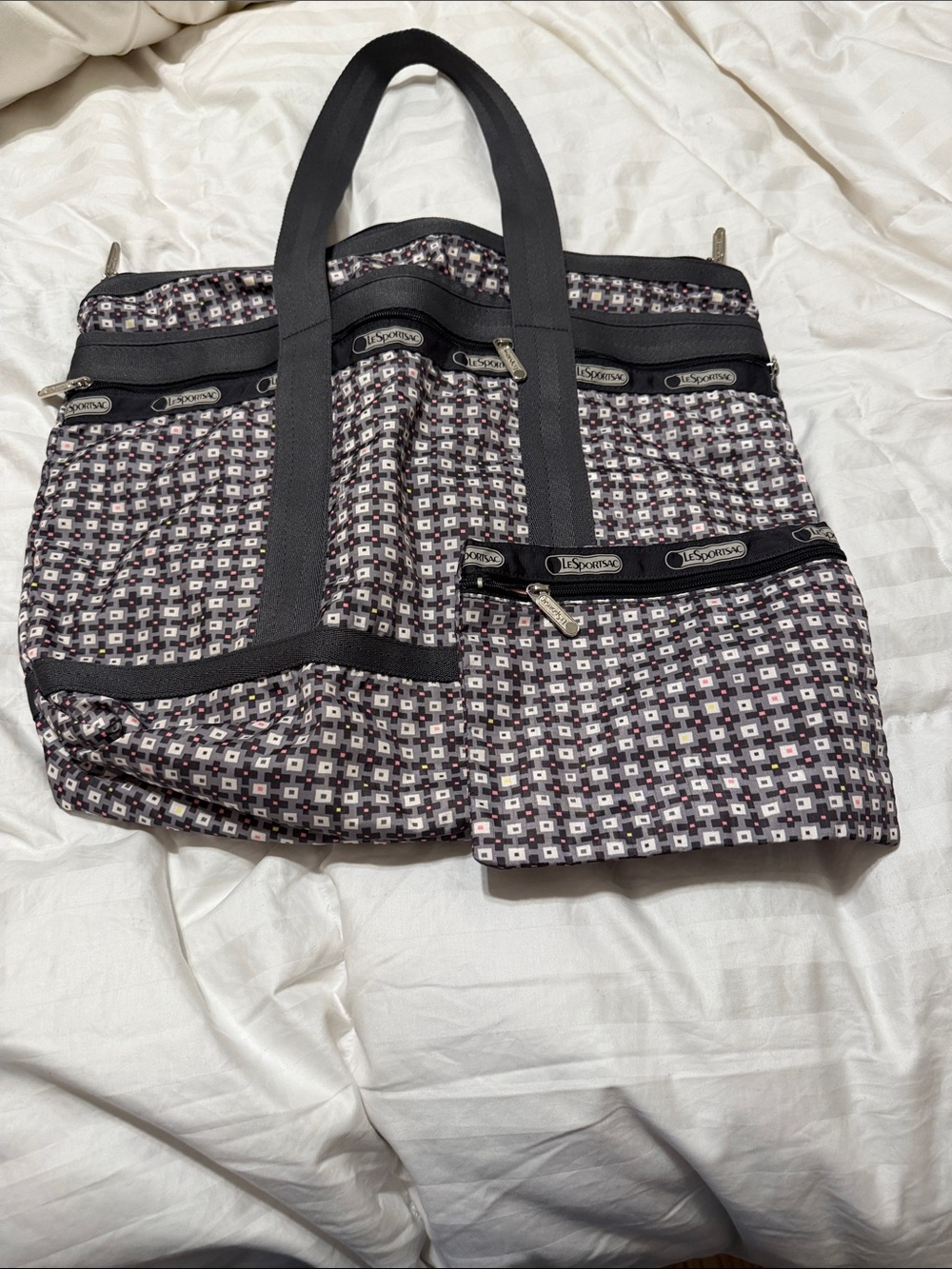 LeSportsac Black and Gray Geometric Quilted Tote